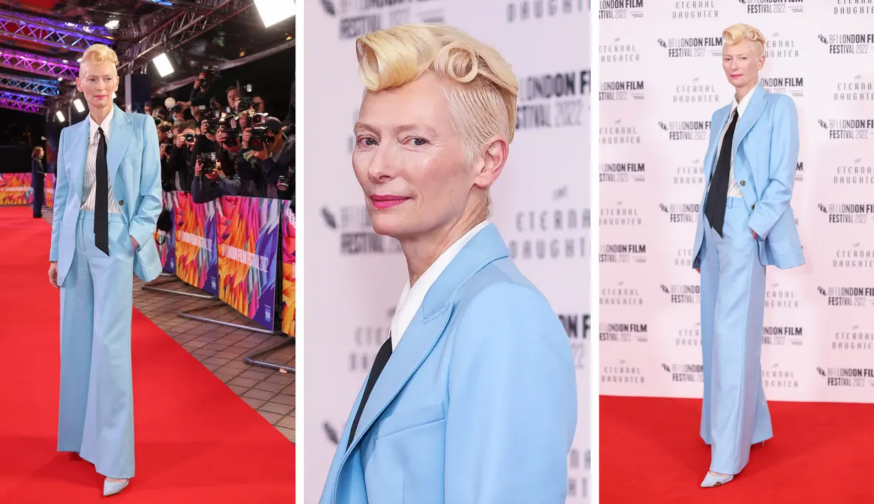 Foto kolase Tilda Swinton berpose untuk para fotografer setibanya di pemutaran perdana film 'The Eternal Daughter' dalam Festival Film London BFI 2022 di London, Kamis, 6 Oktober 2022. (Photo by Vianney Le Caer/Invision/AP)
