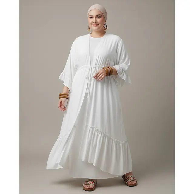 Gamis Kimono Putih dengan Tali Pinggang