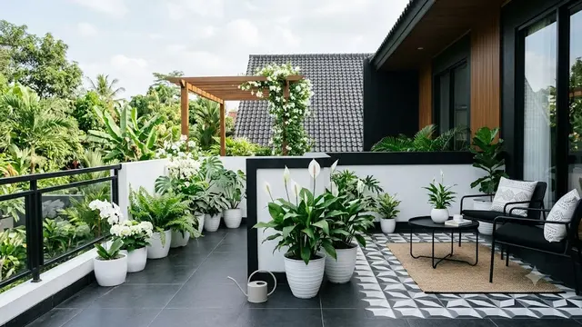 Ide Teras Monokrom dengan Bunga Putih dan Hijau/AI Generated