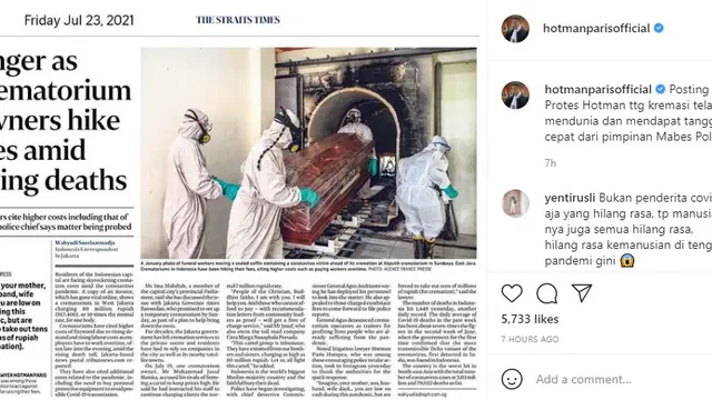 Protes Hotman Paris soal biaya kremasi jenazah Covid-19 dimuat media Singapura (https://www.instagram.com/p/CRpam2elIE_/)