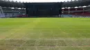 Kondisi rumput tampak botak dan mengering Stadion Utama Gelora Bung Karno (SUGBK), Senin (13/3/2023). Kualitas rumput SUGBK menurun setelah digunakan dua konser di stadion tersebut. (Bola.com/M Iqbal Ichsan)