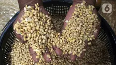 Pekerja pembuatan tahu menunjukkan kedelai di kawasan Pondok Cabe Udik, Tangerang Selatan, Banten, Selasa (15/2/2022). Produsen tahu tempe akan menggelar aksi mogok produksi massal pada 21-22 Februari mendatang disebabkan kenaikan harga kedelai hingga mencapai Rp 11.200/kg. (merdeka.com/Arie Basuki)