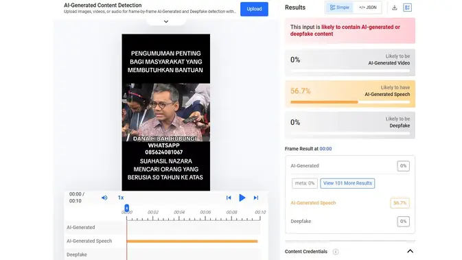 Audio pada video klaim Menkeu Suahasil mengumumkan bantuan dana hibah menunjukkan hasil AI. (Foto: tangkapan layar Hive Moderation)