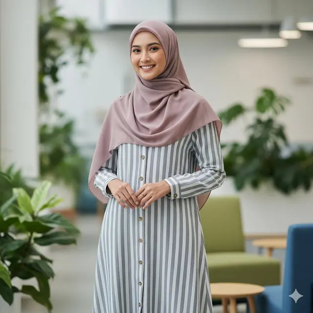 Midi Dress Linen Motif Garis Vertikal