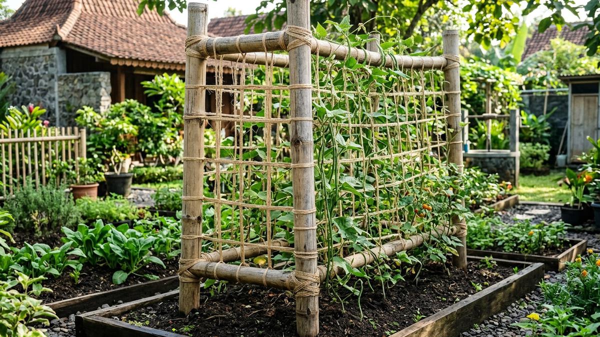 Cara Bikin Tiang Rambatan Tanaman Kuat dari Rafia dan Bambu untuk Kebun Rumah