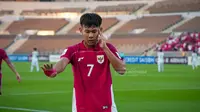 Selebrasi Zahaby Gholy usai mencetak gol spektakuler ke gawang Timnas Yaman U-17 dalam laga kedua Grup C Piala Asia U-17 2025 di Prince Abdullah Al-Faisal Stadium, Jeddah, Senin (7/4/2025). (Dok. PSSI)