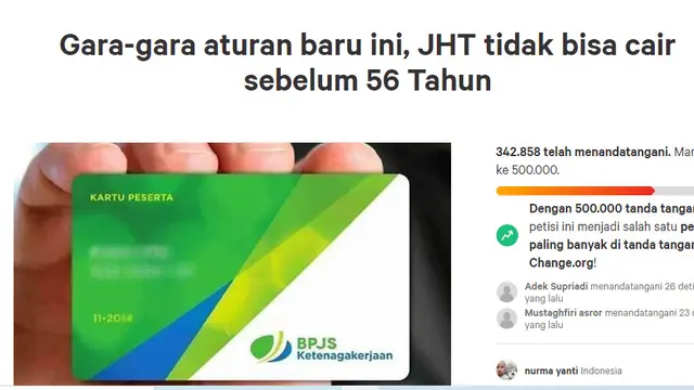 Petisi yang meminta pembatalan Peraturan Menteri Ketenagakerjaan (Permanker) Nomor 2/2022 tentang Tata Cara dan Persyaratan Pembayaran Manfaat Jaminan Hari Tua. Change.org