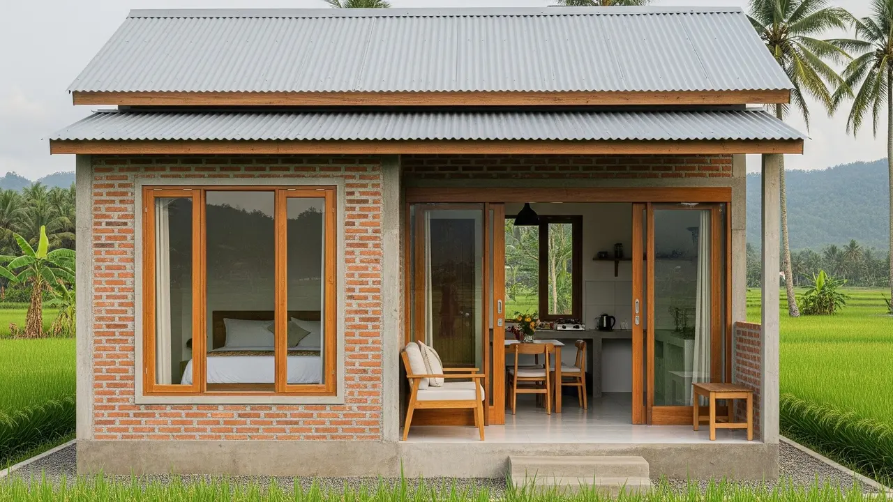 Model Rumah Minimalis di Desa Pinggir Sawah (Image by Gemini AI)