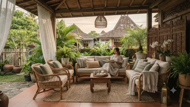 Cara Membuat Teras Terlihat seperti Area Lounge Hotel Model Tekstil dengan Aksen yang Menambah Nuansa Mewah Namun Sederhana