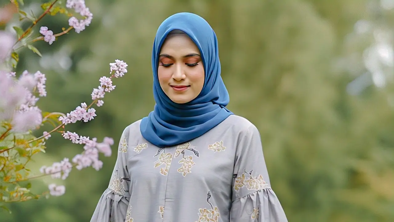 Blouse Batik Lengan Balon Abu dengan Motif Floral