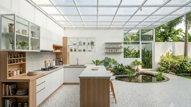 Dapur Semi Outdoor dengan Atap Kaca dan Lantai Terrazzo Light Grey