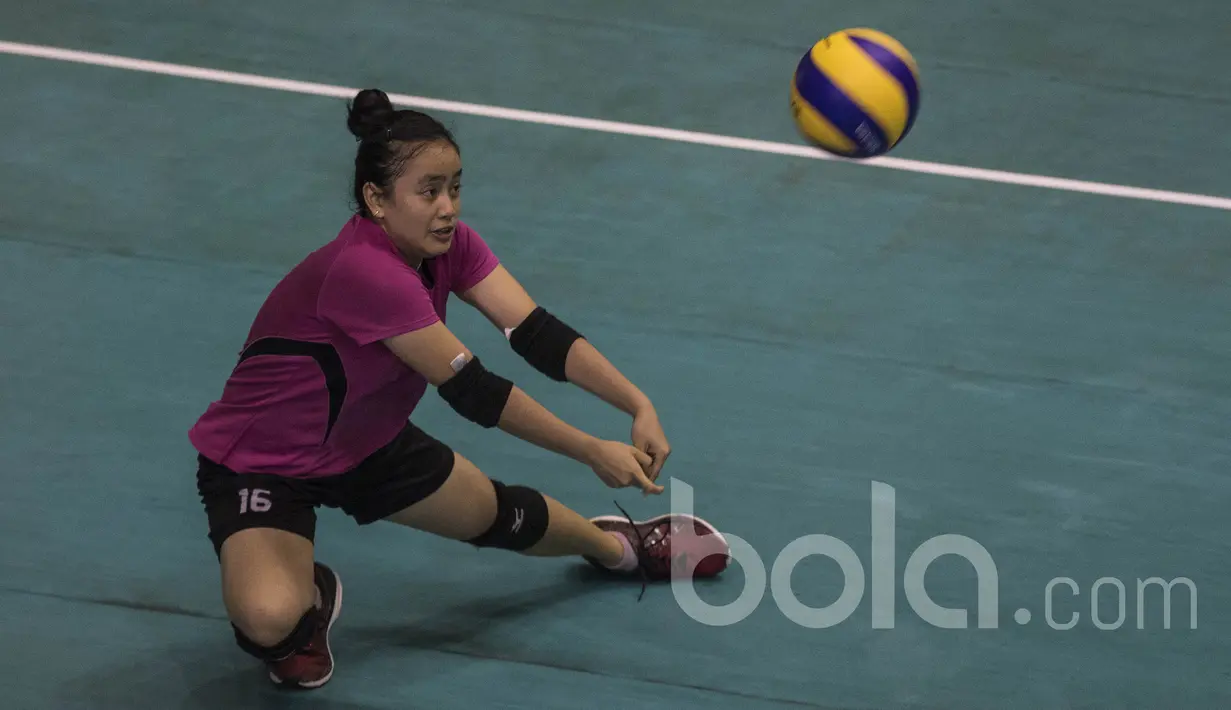 Pevoli Indonesia, Wahida Muntaza, bersiap memukul bola saat mengikuti pemusatan latihan nasional jelang SEA Games di Padepokan Voli Sentul, Bogor, Rabu (17/5/2017). (Bola.com/Vitalis Yogi Trisna)