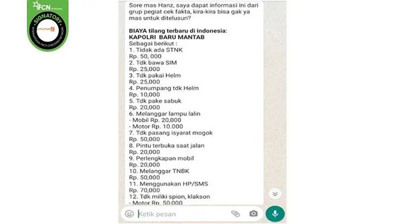 Gambar Tangkapan Layar Informasi Hoaks Biaya Tilang Terbaru.