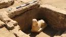 Gambar selebaran tak bertanggal yang dirilis oleh Kementerian Purbakala Mesir pada 6 Maret 2023, menunjukkan patung Sphynx yang digali di dekat Kuil Dendera di provinsi Qina (Qena). Patung ini jauh lebih kecil dari sphinx terkenal di kompleks Piramida Giza, yang tingginya sampai 22 meter. (Egyptian Ministry of Antiquities / AFP)