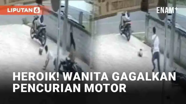 Aksi heroik dilakukan seorang wanita pada pelaku kejahatan terekam CCTV. Ia melawan pencuri motor di depan pertokoan. Wanita itu menggagalkan aksi pelaku yang hendak menggondol sebuah motor.