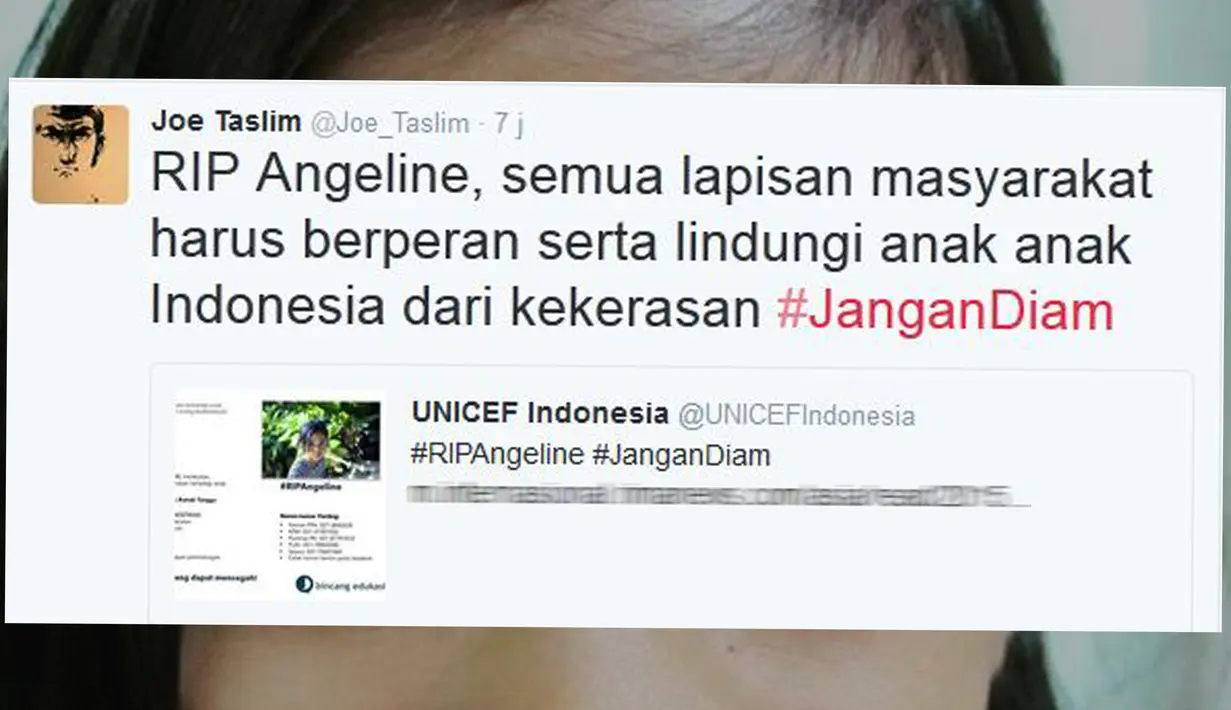 "RIP Angeline, semua lapisan masyarakat harus berperan serta lindungi anak anak Indonesia dari kekerasan #JanganDiam ," tulis Joe Taslim bersamaan dengan berita tentang meninggalnya Angeline dalam akun Twitter @Joe_Taslim. (twitter.com/Joe_Taslim)