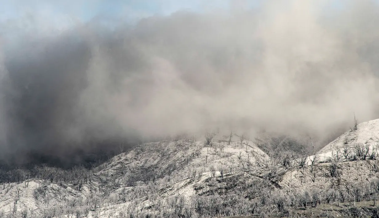 Suasana di sekitar gunung Turrialba yang memuntahkan abu vulkanik saat erupsi, terlihat dari Cartago, 35 km dari San Jose, Kosta Rika (6/1). (AFP Photo/Ezequiel Becerra)