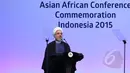 Presiden Iran Hassan Rouhanimenyampaikan pidato saat pembukaan Konferensi Tingkat Tinggi (KTT) Asia Afrika tahun 2015 di Jakarta Convention Center, Rabu (22/4). (Liputan6.com/Herman Zakharia)