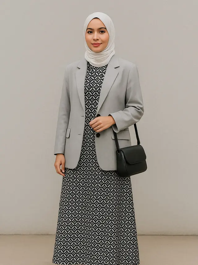 Gamis Batik dengan Blazer Polos (Foto: ChatGPT)