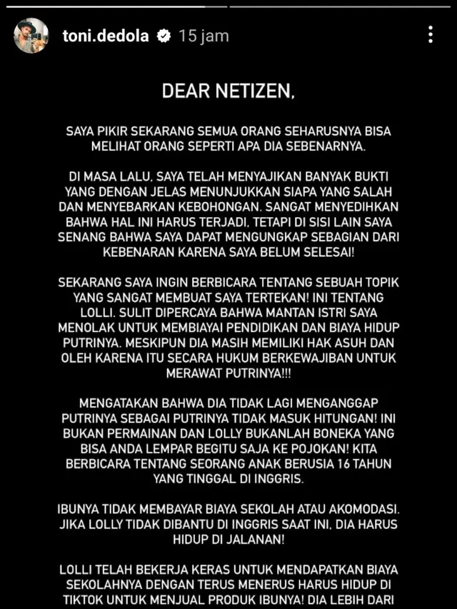 Unggahan Antonio Dedola soal Lolly dan Nikita Mirzani. (Foto: Dok. Instagram @toni.dedola)