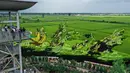Para turis mengunjungi sawah dengan gambar yang dibuat dari berbagai varietas padi di Shenyang, Provinsi Liaoning, China, 17 Agustus 2021. (STR/AFP)