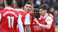 Pemain Arsenal Bukayo Saka merayakan gol ke gawang Palace di lanjutan Liga Inggris (AFP)