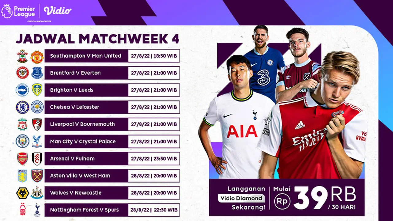 Jadwal Liga Inggris 2022/23 Pekan Keempat Live Vidio 27-28 Agustus  : Persaingan Makin Panas