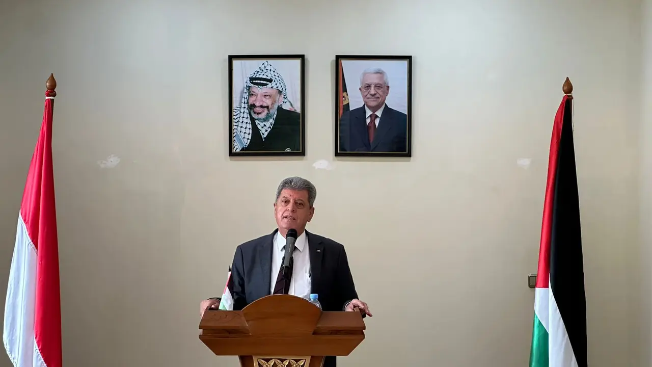 Duta Besar Palestina untuk Indonesia Zuhair Al-Shun dalam pernyataan pers kepada media, Jumat (10/5/2024).