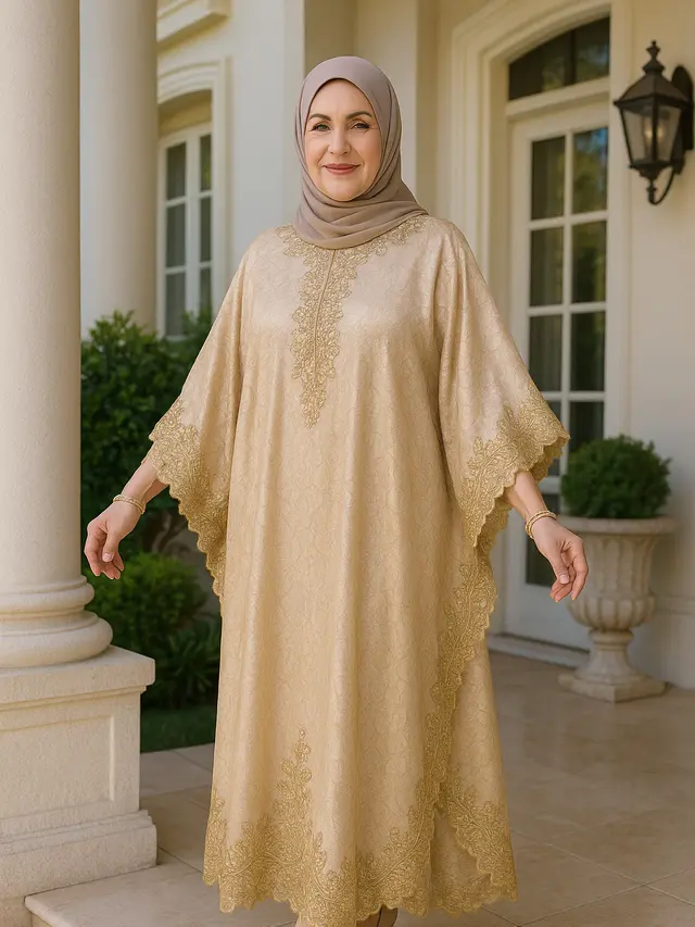 Model Gamis Kaftan Bordir untuk Kondangan Ibu-ibu Usia 50 Tahunan
