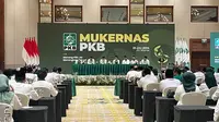 Ketua Umum Partai Kebangkitan Bangsa (PKB) Muhaimin Iskandar alias Cak Imin dalam acara Musyawarah Kerja Nasional (Mukernas) di Jakarta Convention Center (JCC), Senayan, Selasa (23/7/2024). (Liputan6.com/Winda Nelfira)