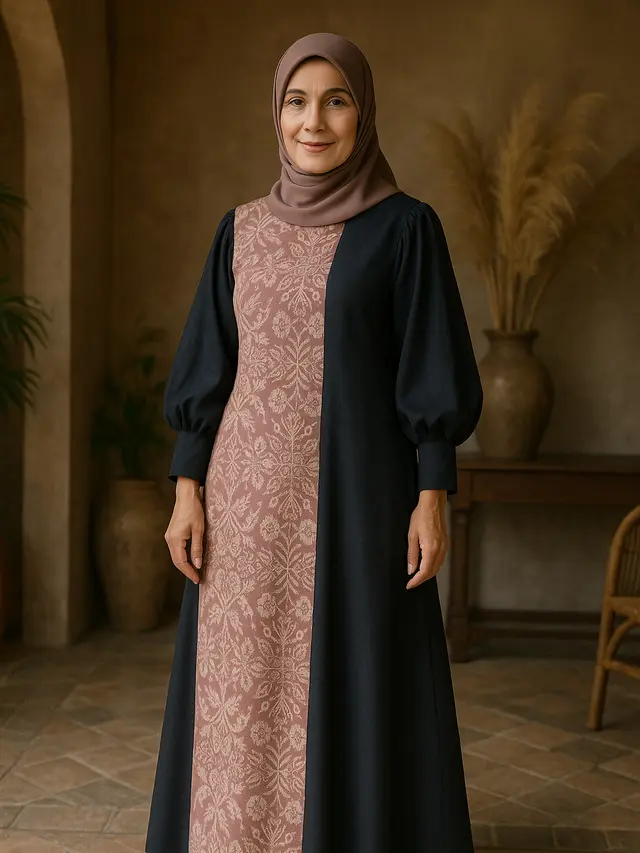 Model Gamis Batik Ibu-Ibu Umur 50 Tahun Kombinasi Kain Polos