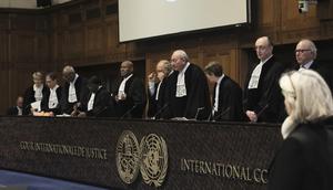 Sidang tudingan genosida di Gaza oleh Israel yang diajukan oleh Afrika Selatan pada Jumat 12 Januari 2024 di International Court of Justice (ICJ) atau Mahkamah Internasional. (AFP)
