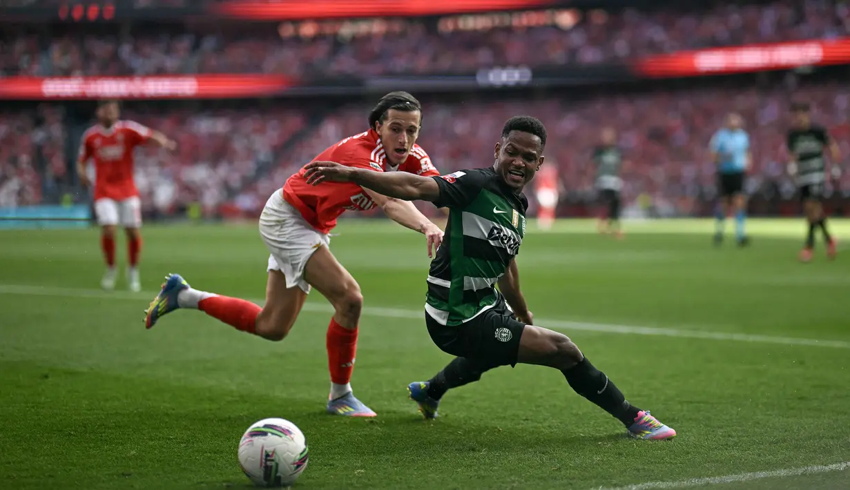 Pemain Sporting, Geny Catamo (kanan) berebut bola dengan pemain Benfica, Alvaro Fernandez Carreras dalam laga lanjutan Liga Portugal 2024/2025 di Stadion da Luz, Lisbon, Portugal, Sabtu (10/05/2025) waktu setempat. (AFP/Patricia De Melo Moreira)