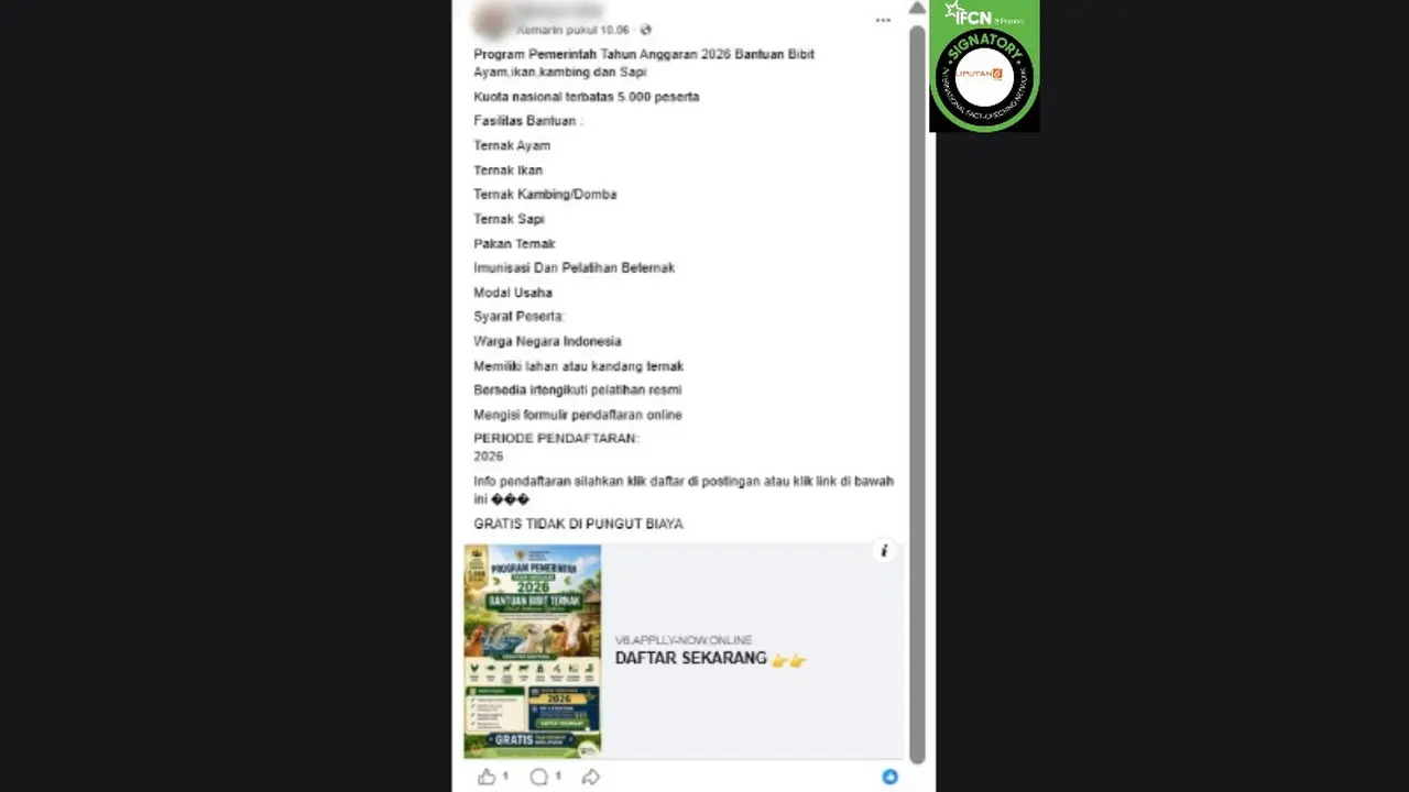 Cek Fakta Liputan6.com mendapati klaim link pendaftaran untuk mendapatkan bantuan bibit ayam, ikan, kambing, dan sapi dari pemerintah.