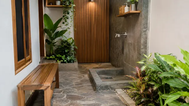 Desain Tempat Wudhu di Samping Rumah dengan Lantai Batu Bertekstur