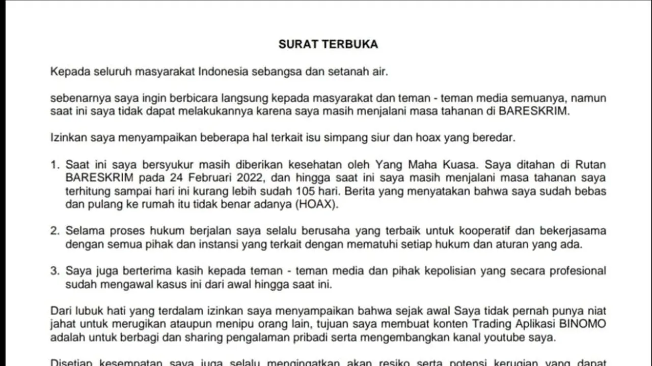 Indra Kenz Tuliskan Sepucuk Surat dari Balik Jeruji Besi