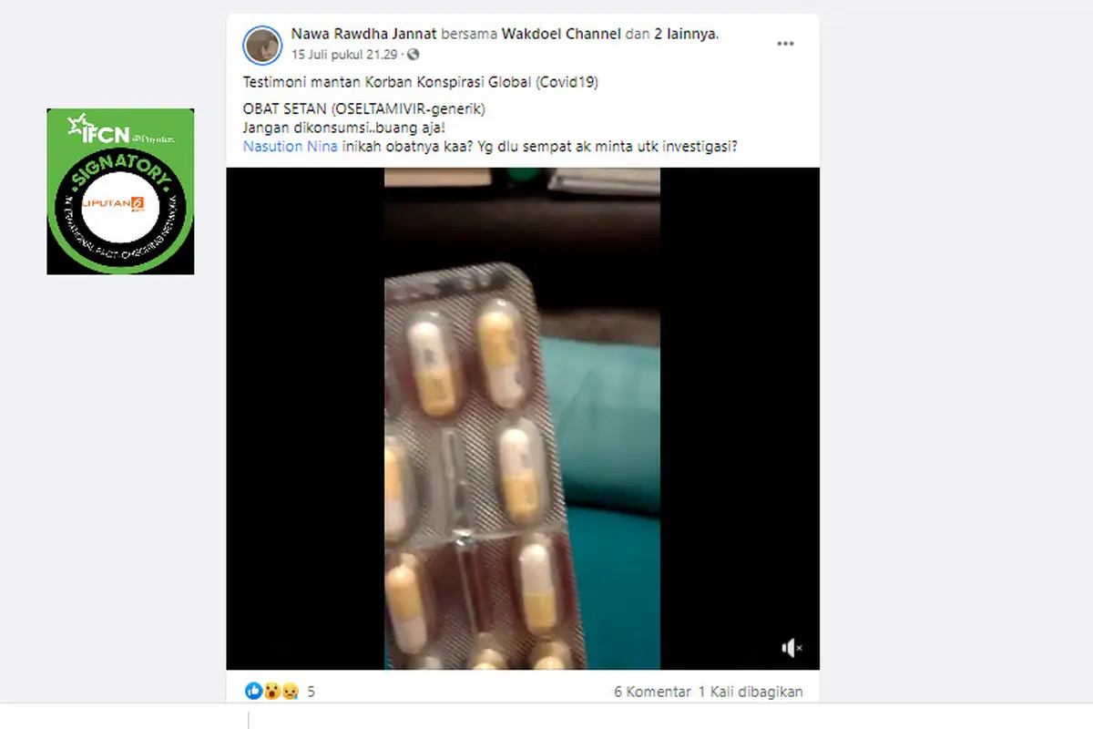Cek Fakta Liputan6.com mendapati klaim Oseltamivir obat Covid-19 berbahaya dan mematikan