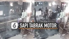 Terekam kamera cctv seekor sapi menabrak pengendara motor di Simpang Mertanadi, Seminyak, Kecamatan Kuta, Kabupaten Badung, Bali.