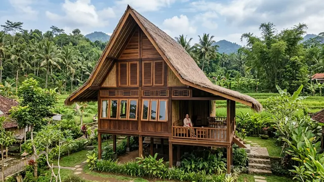 Desain Rumah Desa Atap Tinggi agar Udara Terasa Lebih Dingin (AI Generated)