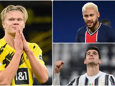 Persaingan ketat sebagai top skor mulai terlihat di kompetisi Liga Champions. Erling Haaland, Neymar dan Alvaro Morata tercatat telah memiliki jumlah gol yang sama di laga terakhir fase grup Liga Champions. Berikut top skor sementara Liga Champions 2020/2021. (kolase foto AFP)