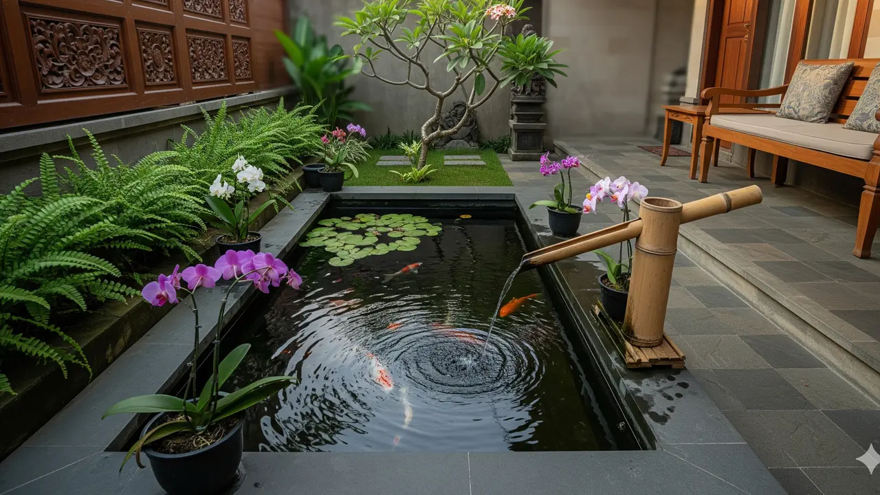 Model Kolam Ikan Mini Ornamen Bambu di Teras Rumah yang Klasik tapi Segar/Ilustrasi AI