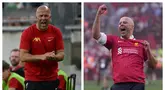 Arne Slot didapuk sebagai suksesor Jurgen Klopp sebagai pelatih Liverpool pada musim 2024/2025. Seperti diketahui, Slot tak banyak merombak pemain-pemain inti The Reds yang biasa dimainkan oleh Klopp. Hal tersebut membuahkan penampilan solid Liverpool sejak awal musim. The Reds memastikan gelar juara Liga Inggris pada pekan ke-34 dengan raihan 82 poin atau terpaut 15 angka dari Arsenal sebagai runner up. Ia juga tercatat sebagai pelatih Belanda pertama yang berhasil meraih gelar Liga Inggris. (Foto kolase: AFP)