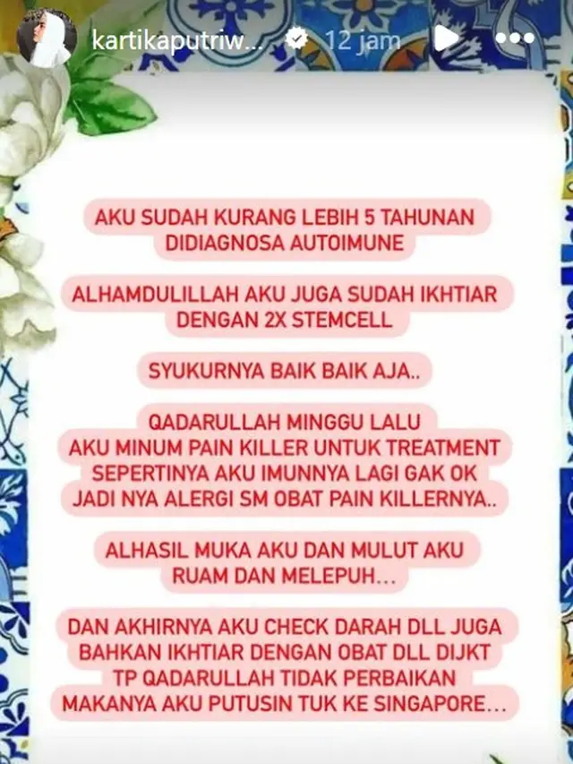 Kartika Putri kena ruam di wajahnya (Instagram/kartikaputriworld)