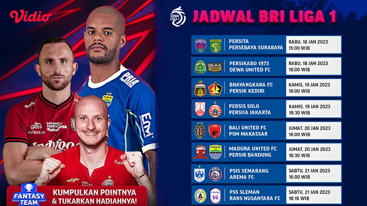 Jadwal dan Live Streaming BRI Liga 1 2022/2023 Pekan Ke-19 di Vidio, 18-21 Januari 2023