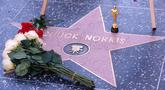 Sebuah replika piala Oscar diletakkan di bintang Hollywood Walk of Fame aktor Chuck Norris, di Los Angeles, Amerika Serikat, Jumat 20 Maret 2026. Bintang laga legendaris, Chuck Norris, meninggal dunia pada Kamis 19 Maret 2026. (AP Photo/Chris Pizzello)