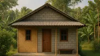 Model Rumah Sederhana dari Bambu dan Batako dengan Atap Seng (created by AI)