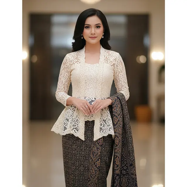 Kebaya Batik Kawung Kombinasi Brokat Terbaru