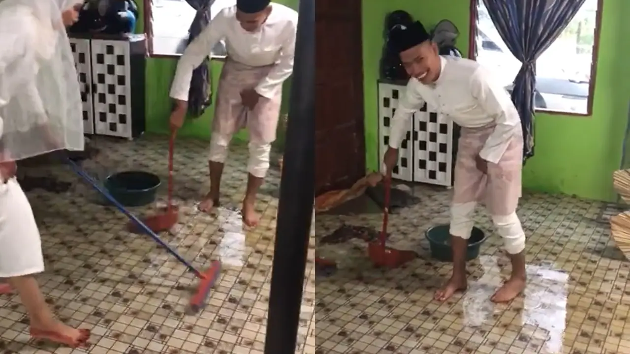 Pasangan pengantin bersih-bersih rumah