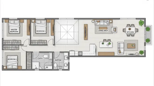 Tiga Kamar Berjajar dengan Skylight