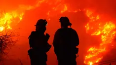 Dua petugas pemadam kebakaran mengecek api di atas Shepard Mesa Road di Carpinteria, California (10/12). Sejumlah warga di wilayah ini berhasil dievakuasi setelah api melalap permukiman mereka. (Mike Eliason/Santa Barbara County Fire Department via AP)